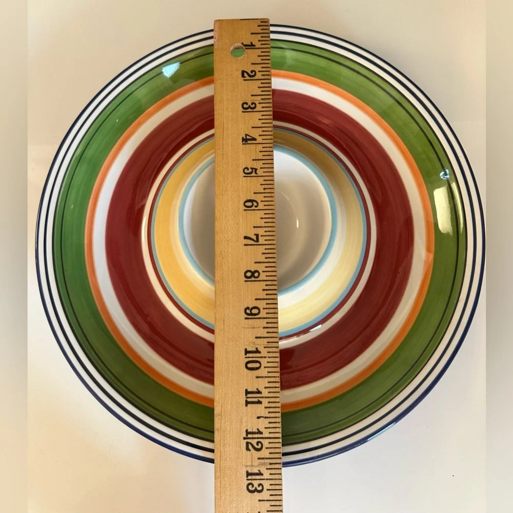 Pottery Barn Chip Dip Espadrille Stripe Bowl Platter Red Blue Green Yellow Round